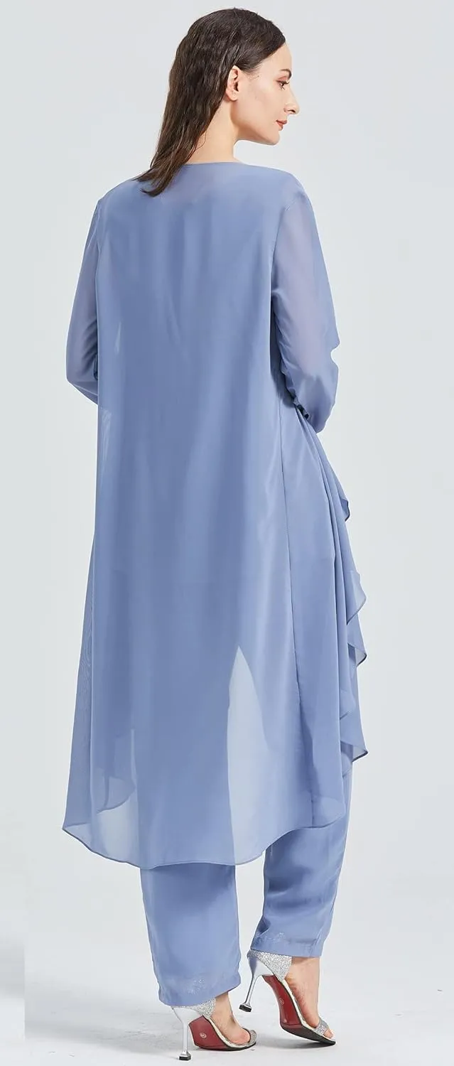 Chiffon Mother of The Bride Pant Suits with Jacket 3 Pieces Formal Dress for Wedding Guest Long Outfit Set
