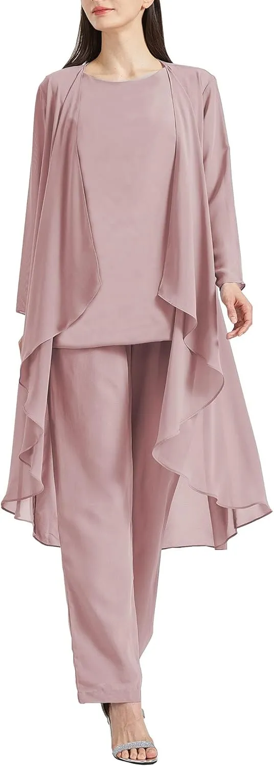 Chiffon Mother of The Bride Pant Suits with Jacket 3 Pieces Formal Dress for Wedding Guest Long Outfit Set