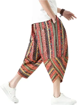 Chinese Style Harem Pants Men Summer Casual Mens Streetwear Cotton Striped -Length Trousers s12 S