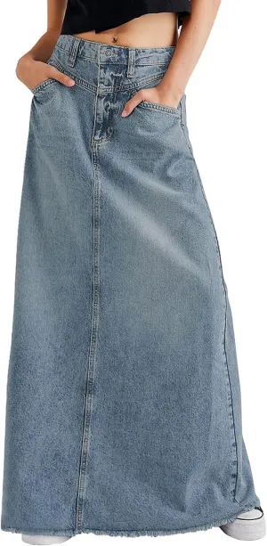 chouyatou Women's Vintage A-Line Frayed Maxi Denim Skirt Distressed High Waist Long Jean Skirt