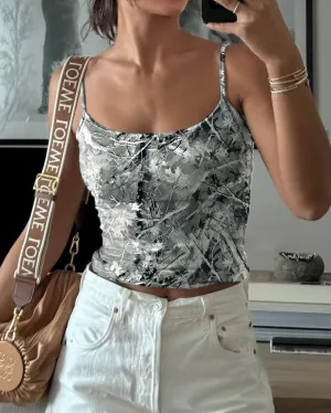 Cioatin Women Y2K Camo Maple Print Spaghetti Strap Crop Cami Tops Sleeveless Scoop Neck Backless Summer Tank Aesthetic