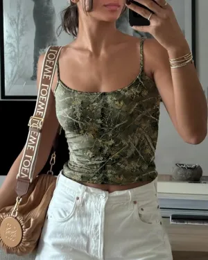 Cioatin Women Y2K Camo Maple Print Spaghetti Strap Crop Cami Tops Sleeveless Scoop Neck Backless Summer Tank Aesthetic