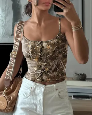 Cioatin Women Y2K Camo Maple Print Spaghetti Strap Crop Cami Tops Sleeveless Scoop Neck Backless Summer Tank Aesthetic