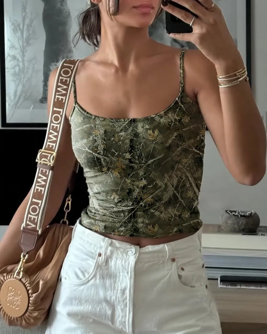 Cioatin Women Y2K Camo Maple Print Spaghetti Strap Crop Cami Tops Sleeveless Scoop Neck Backless Summer Tank Aesthetic