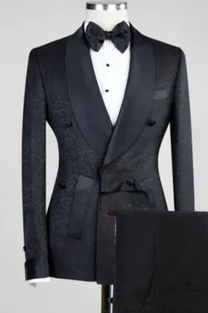 Classic Black  Shawl Lapel Double Breasted Wedding Suits Jacquard Two Pieces Blazers Pants Wedding Party Wear Prom