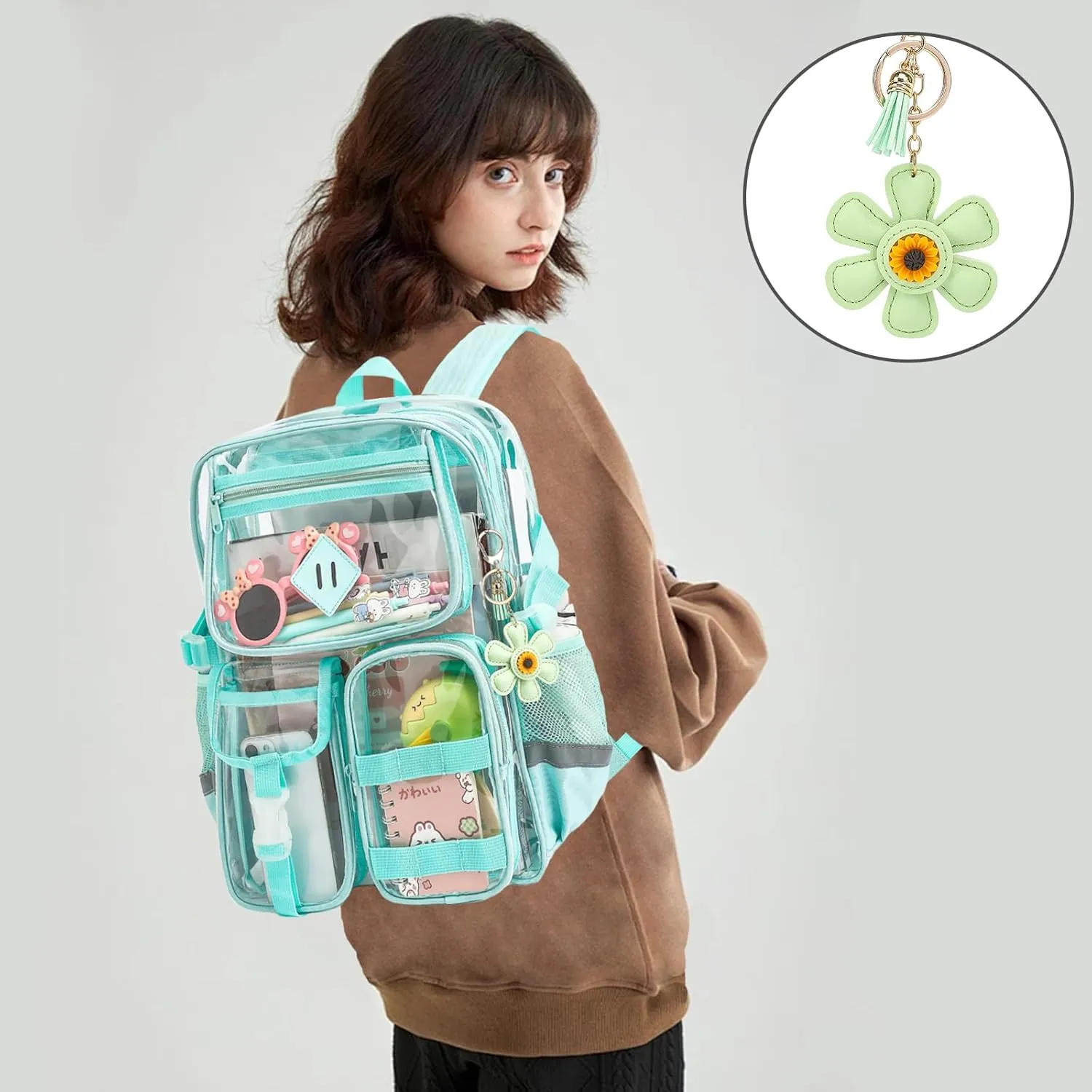 Clear Backpack for School, Heavy Duty Transparent Bookbag for Girls Women with Sunflower Keychain
