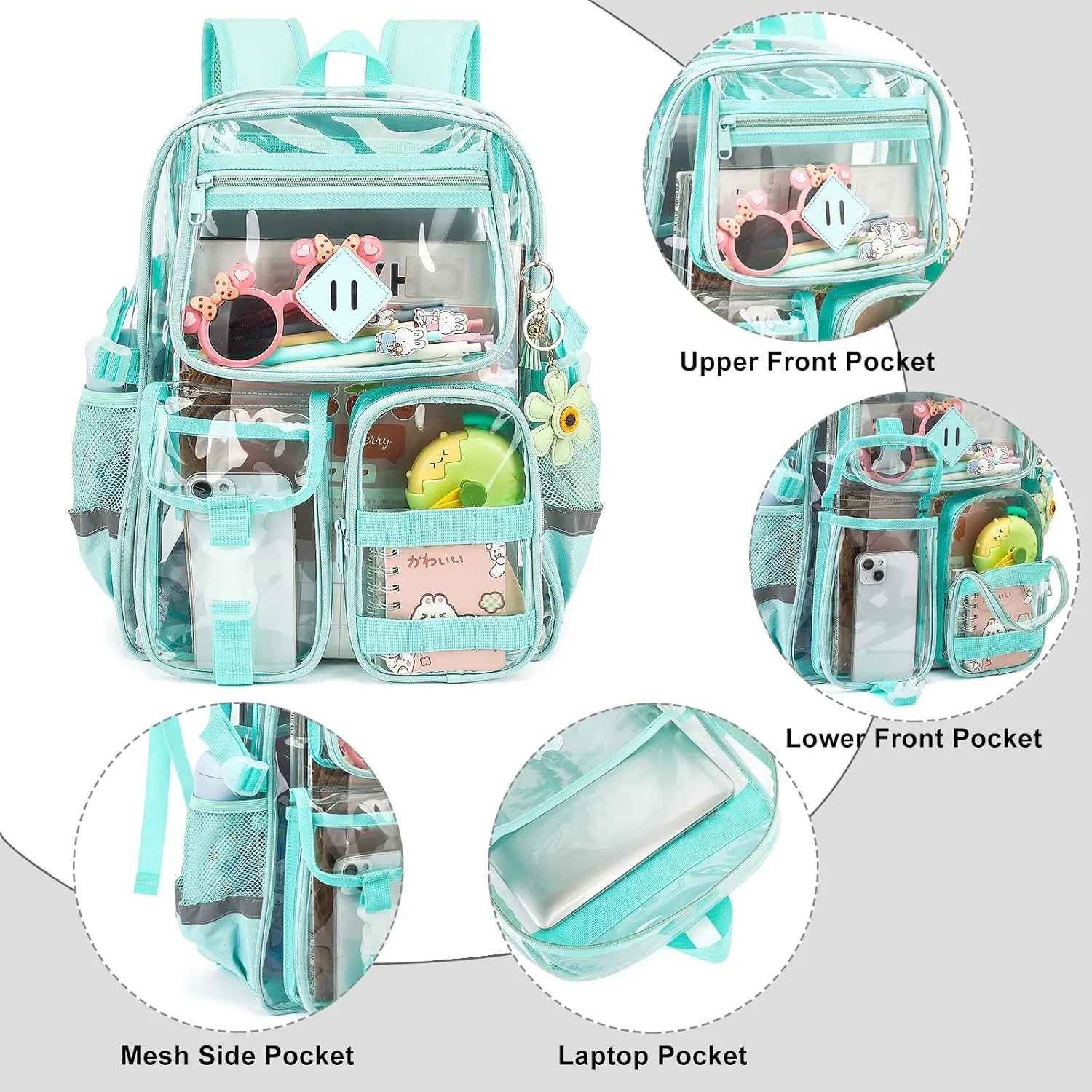 Clear Backpack for School, Heavy Duty Transparent Bookbag for Girls Women with Sunflower Keychain
