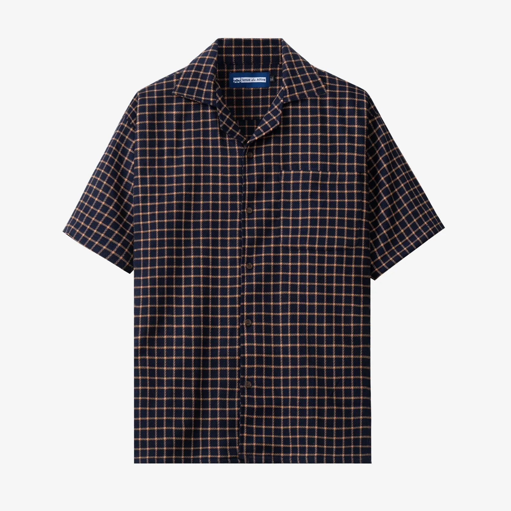 College Days Flannel Camp Collar - Navy Brown Checkered