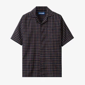 College Days Flannel Camp Collar - Navy Brown Checkered