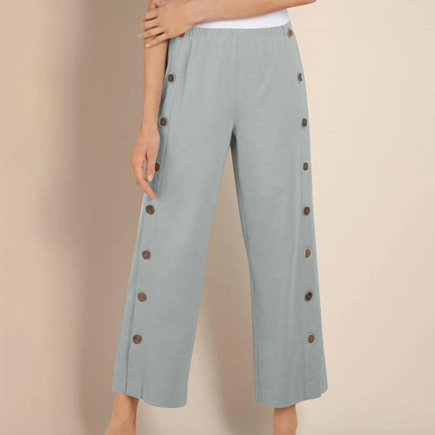 Cotton Linen Pants for Women 2025 High Waisted Wide Leg Trousers Trendy Side Button Elastic Waist Summer Gauze Pants