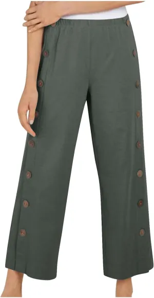 Cotton Linen Pants for Women 2025 High Waisted Wide Leg Trousers Trendy Side Button Elastic Waist Summer Gauze Pants
