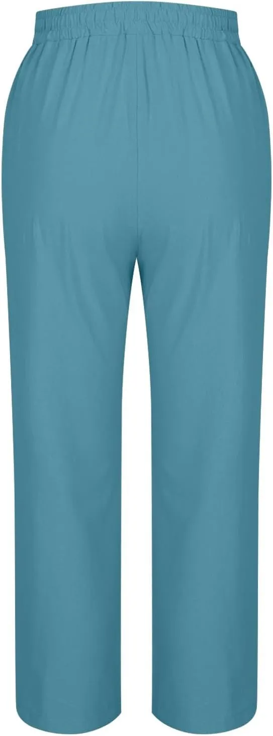 Cotton Linen Pants for Women 2025 High Waisted Wide Leg Trousers Trendy Side Button Elastic Waist Summer Gauze Pants