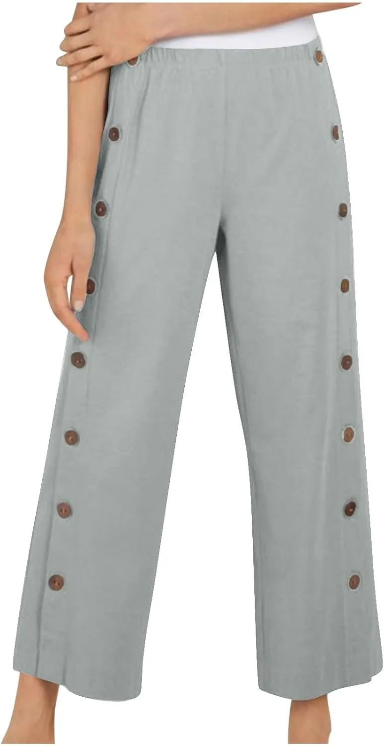 Cotton Linen Pants for Women 2025 High Waisted Wide Leg Trousers Trendy Side Button Elastic Waist Summer Gauze Pants