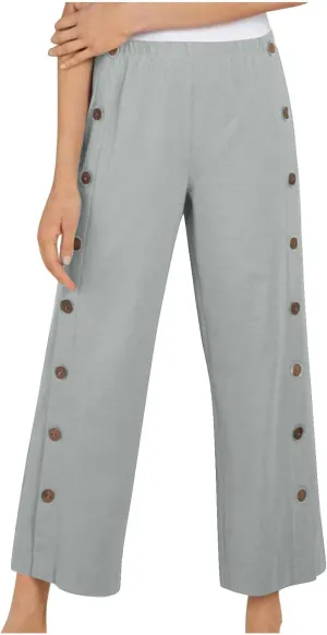 Cotton Linen Pants for Women 2025 High Waisted Wide Leg Trousers Trendy Side Button Elastic Waist Summer Gauze Pants