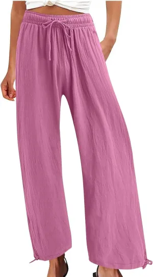 Cotton Linen Pants for Women Summer High Waist Wide Leg Pants Casual Elastic Waist Palazzo Pant Trendy Beach Trousers
