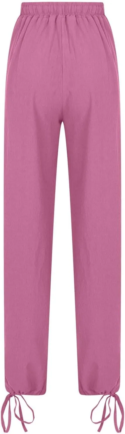 Cotton Linen Pants for Women Summer High Waist Wide Leg Pants Casual Elastic Waist Palazzo Pant Trendy Beach Trousers