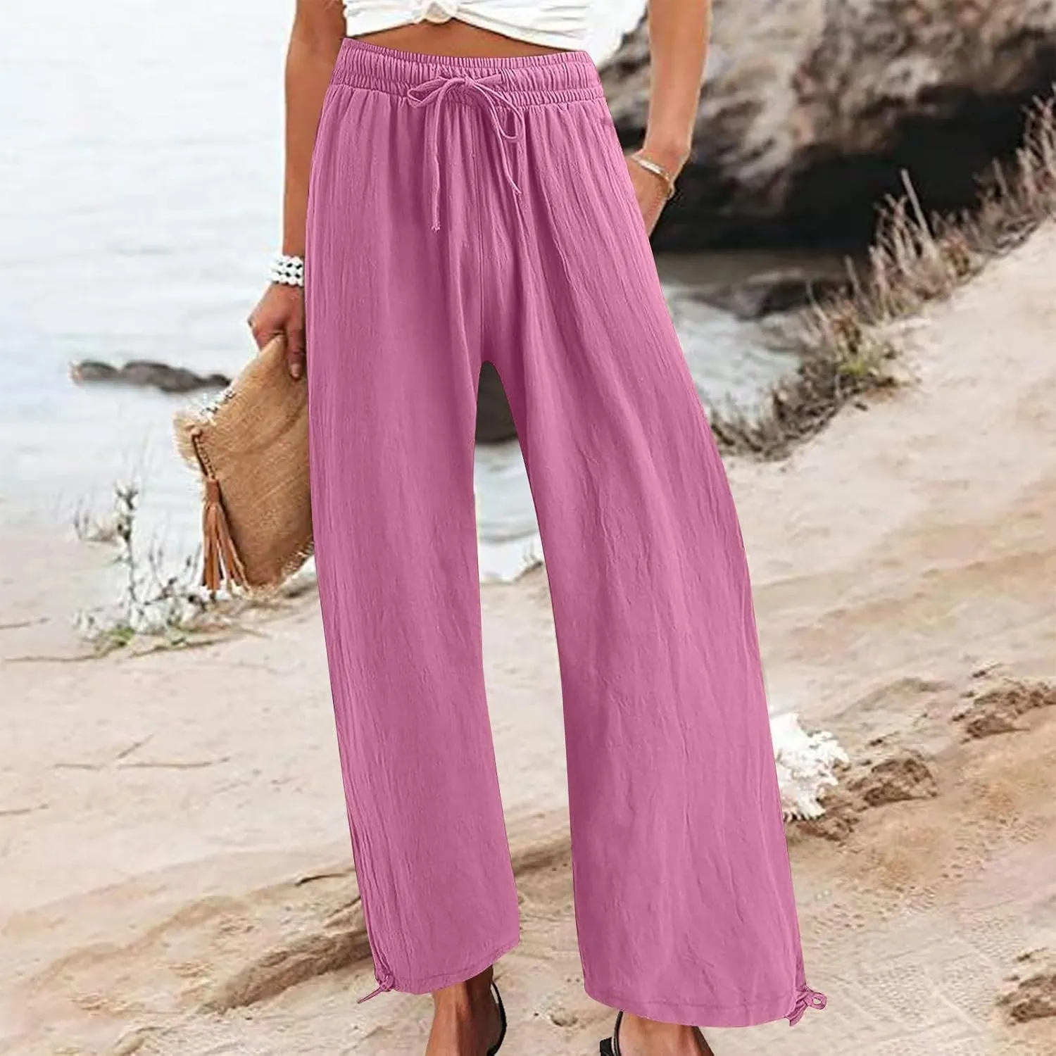 Cotton Linen Pants for Women Summer High Waist Wide Leg Pants Casual Elastic Waist Palazzo Pant Trendy Beach Trousers