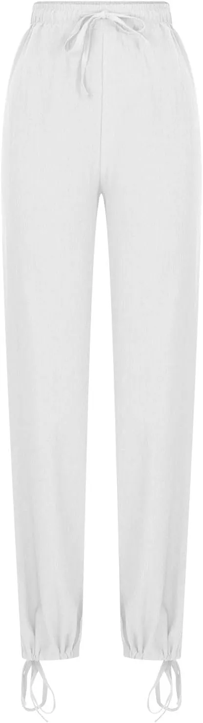 Cotton Linen Pants for Women Summer High Waist Wide Leg Pants Casual Elastic Waist Palazzo Pant Trendy Beach Trousers