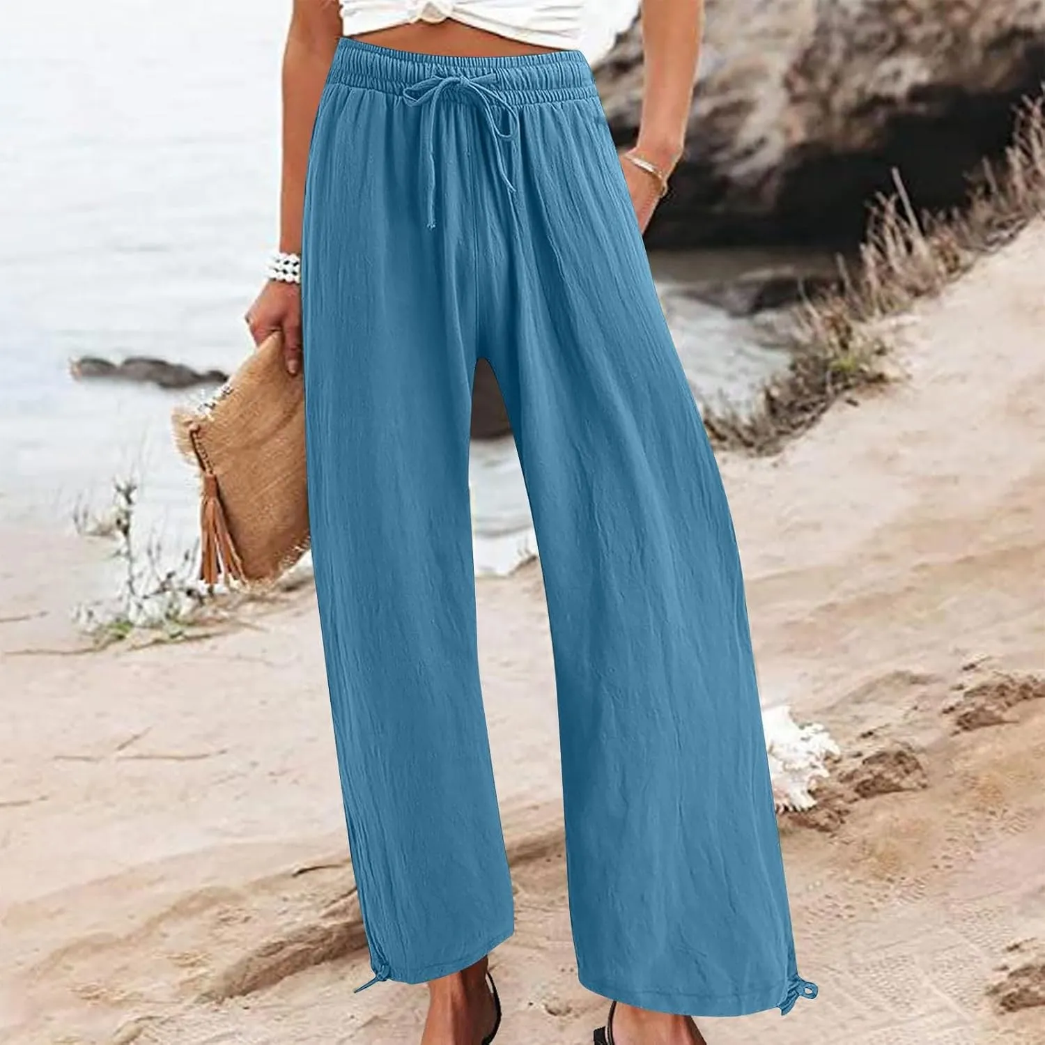 Cotton Linen Pants for Women Summer High Waist Wide Leg Pants Casual Elastic Waist Palazzo Pant Trendy Beach Trousers
