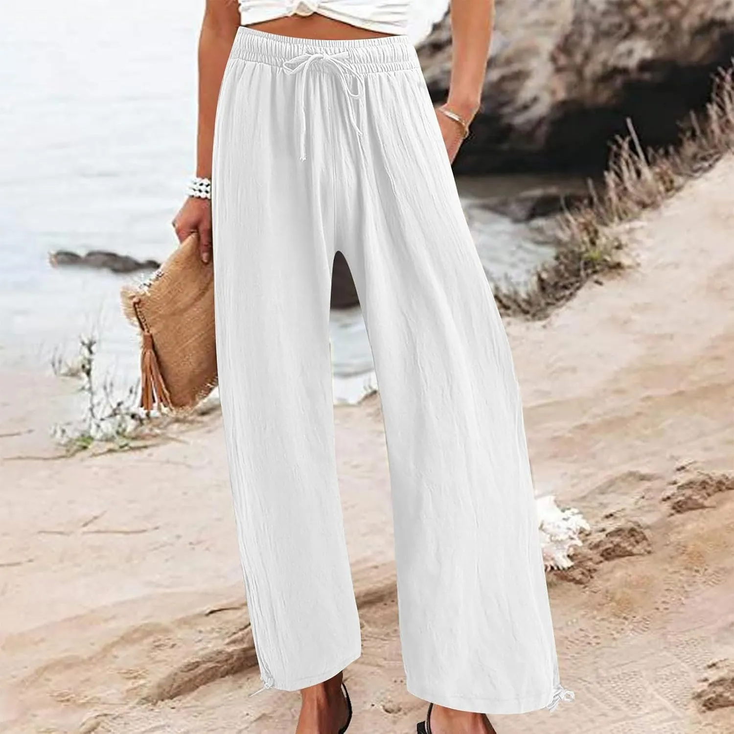 Cotton Linen Pants for Women Summer High Waist Wide Leg Pants Casual Elastic Waist Palazzo Pant Trendy Beach Trousers