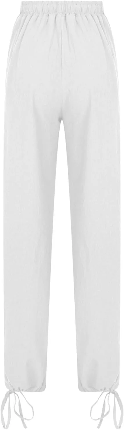 Cotton Linen Pants for Women Summer High Waist Wide Leg Pants Casual Elastic Waist Palazzo Pant Trendy Beach Trousers