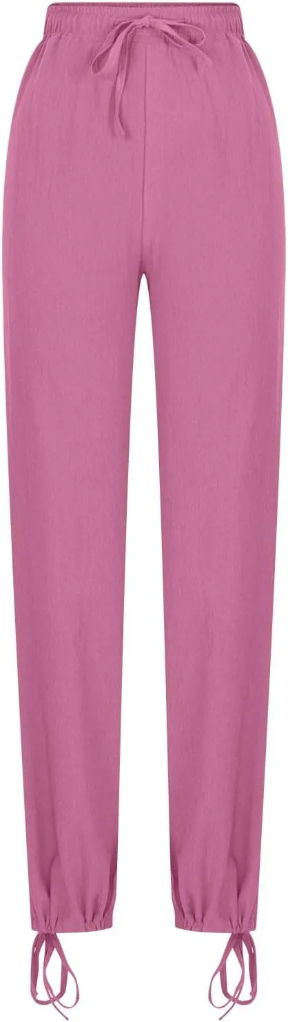 Cotton Linen Pants for Women Summer High Waist Wide Leg Pants Casual Elastic Waist Palazzo Pant Trendy Beach Trousers