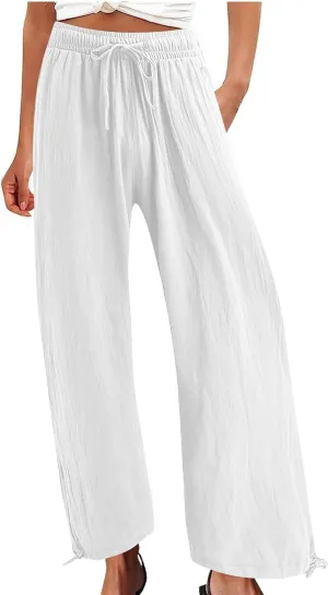 Cotton Linen Pants for Women Summer High Waist Wide Leg Pants Casual Elastic Waist Palazzo Pant Trendy Beach Trousers