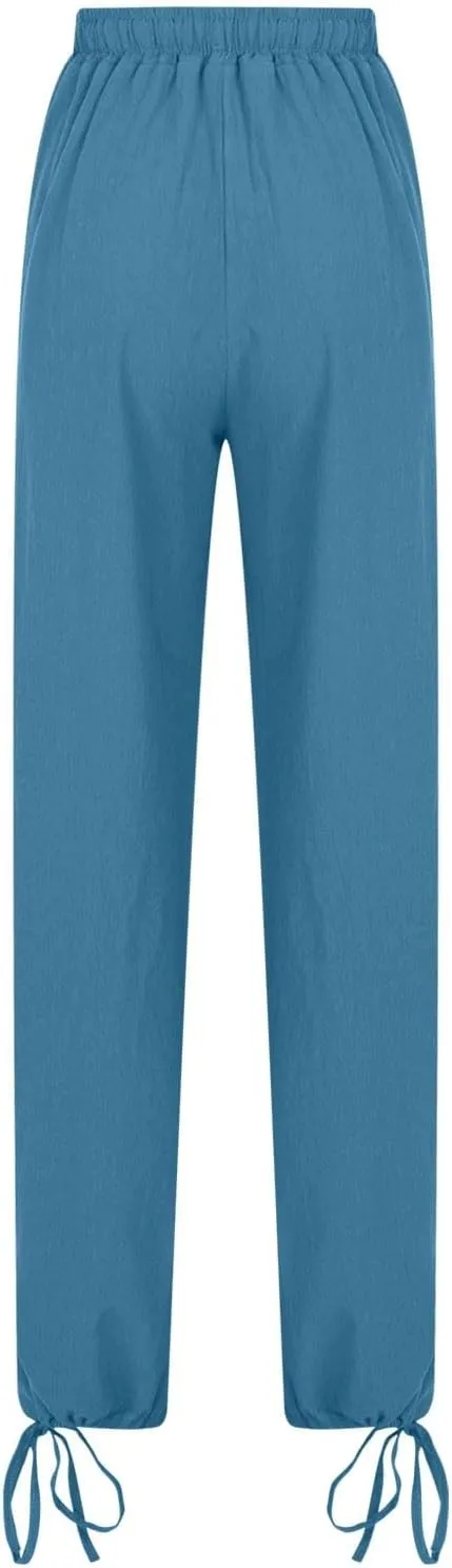Cotton Linen Pants for Women Summer High Waist Wide Leg Pants Casual Elastic Waist Palazzo Pant Trendy Beach Trousers