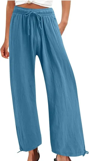 Cotton Linen Pants for Women Summer High Waist Wide Leg Pants Casual Elastic Waist Palazzo Pant Trendy Beach Trousers