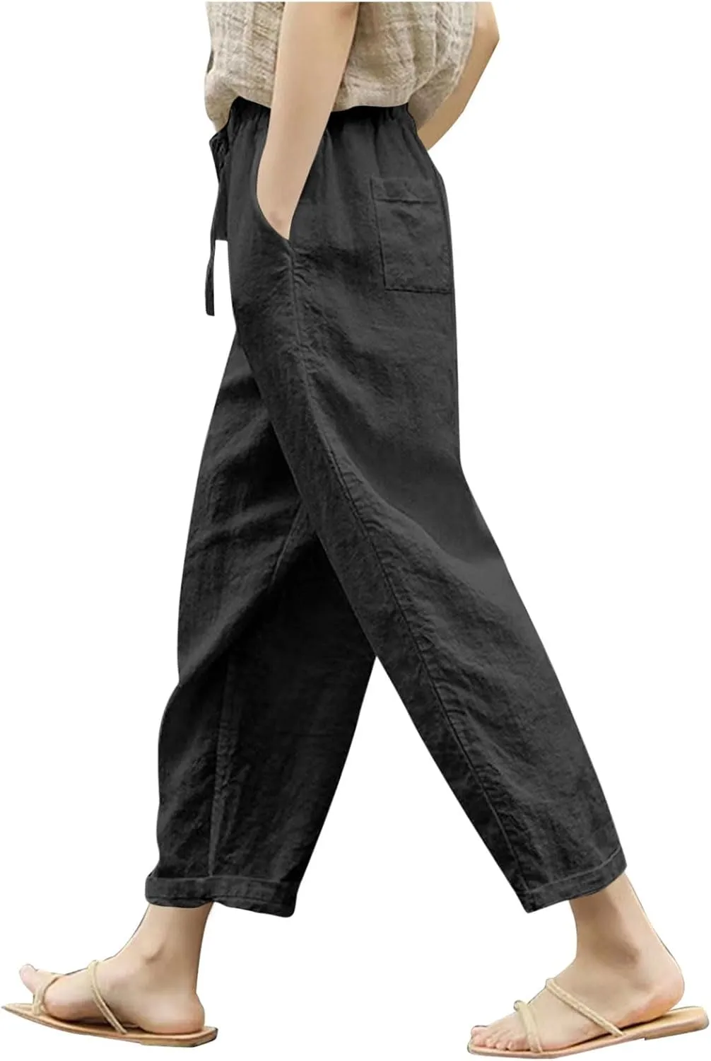 Cotton Linen Pants for Women Wide Leg Cropped Lounge Trouser Drawstring Elastic Waist Summer Beach Pant with Pockets