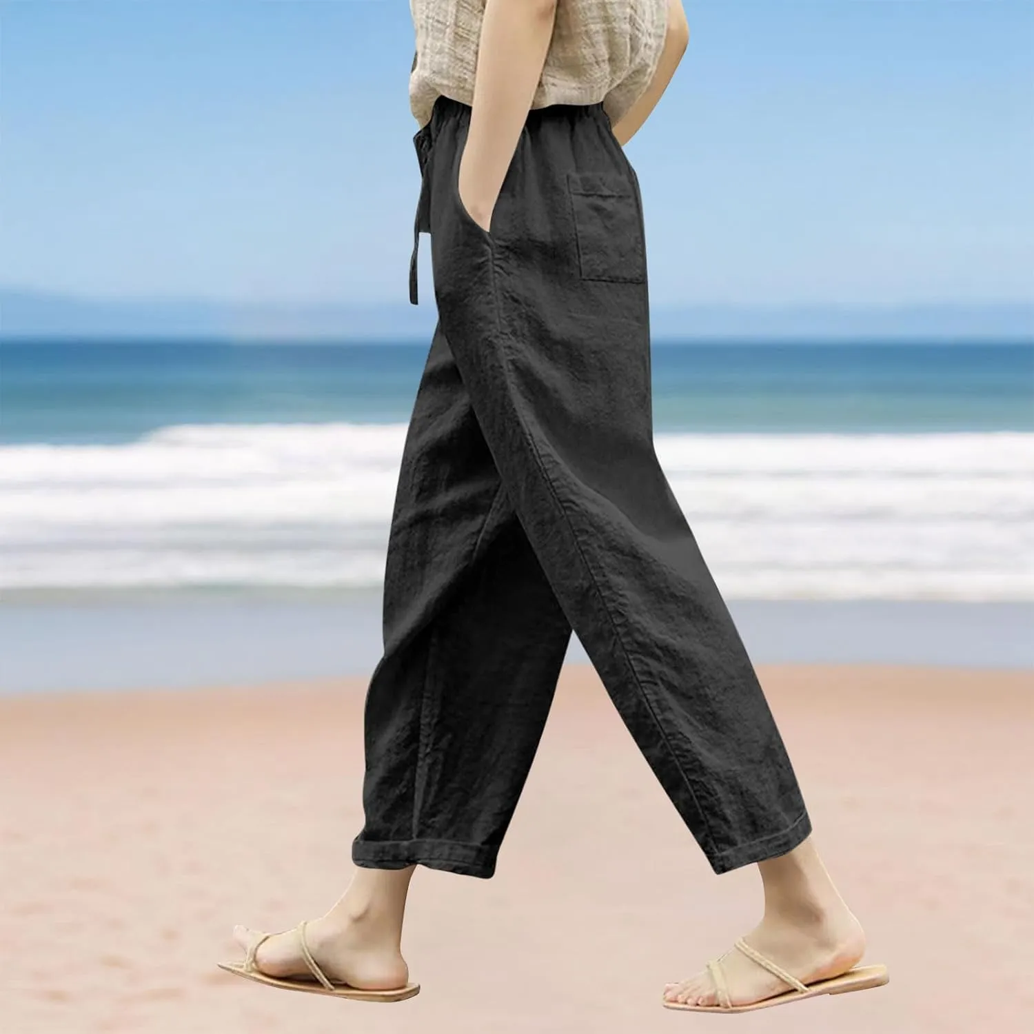 Cotton Linen Pants for Women Wide Leg Cropped Lounge Trouser Drawstring Elastic Waist Summer Beach Pant with Pockets