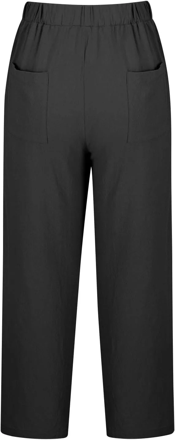 Cotton Linen Pants for Women Wide Leg Cropped Lounge Trouser Drawstring Elastic Waist Summer Beach Pant with Pockets