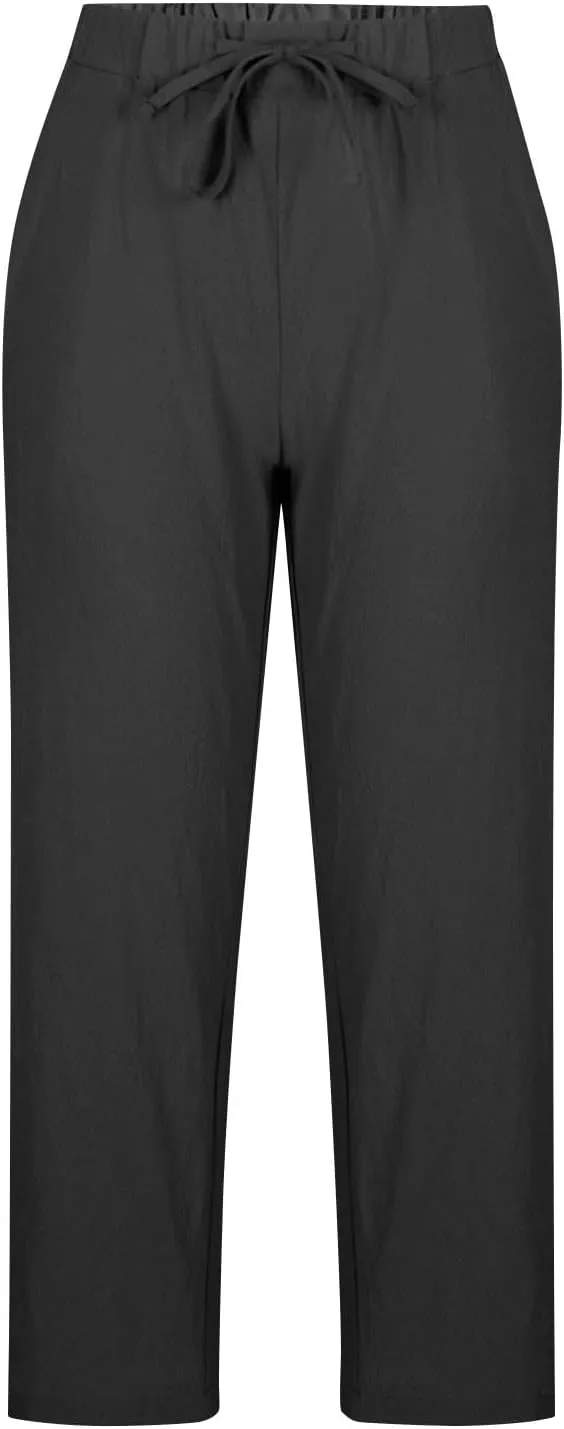 Cotton Linen Pants for Women Wide Leg Cropped Lounge Trouser Drawstring Elastic Waist Summer Beach Pant with Pockets
