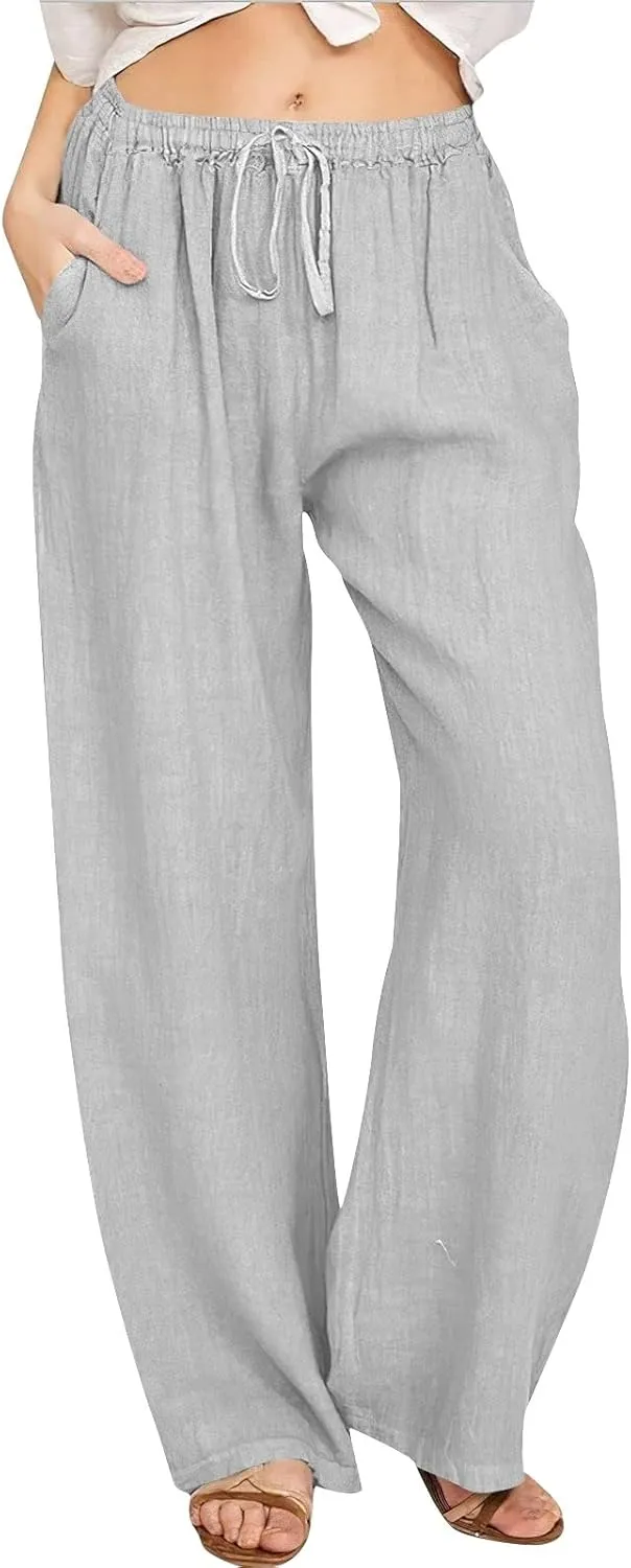 Cotton Linen Pants for Women Women's Summer Drawstring Waist Wide Leg Trousers Loose Cotton Linen Palazzo Pants Beach