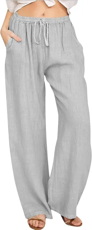 Cotton Linen Pants for Women Women's Summer Drawstring Waist Wide Leg Trousers Loose Cotton Linen Palazzo Pants Beach