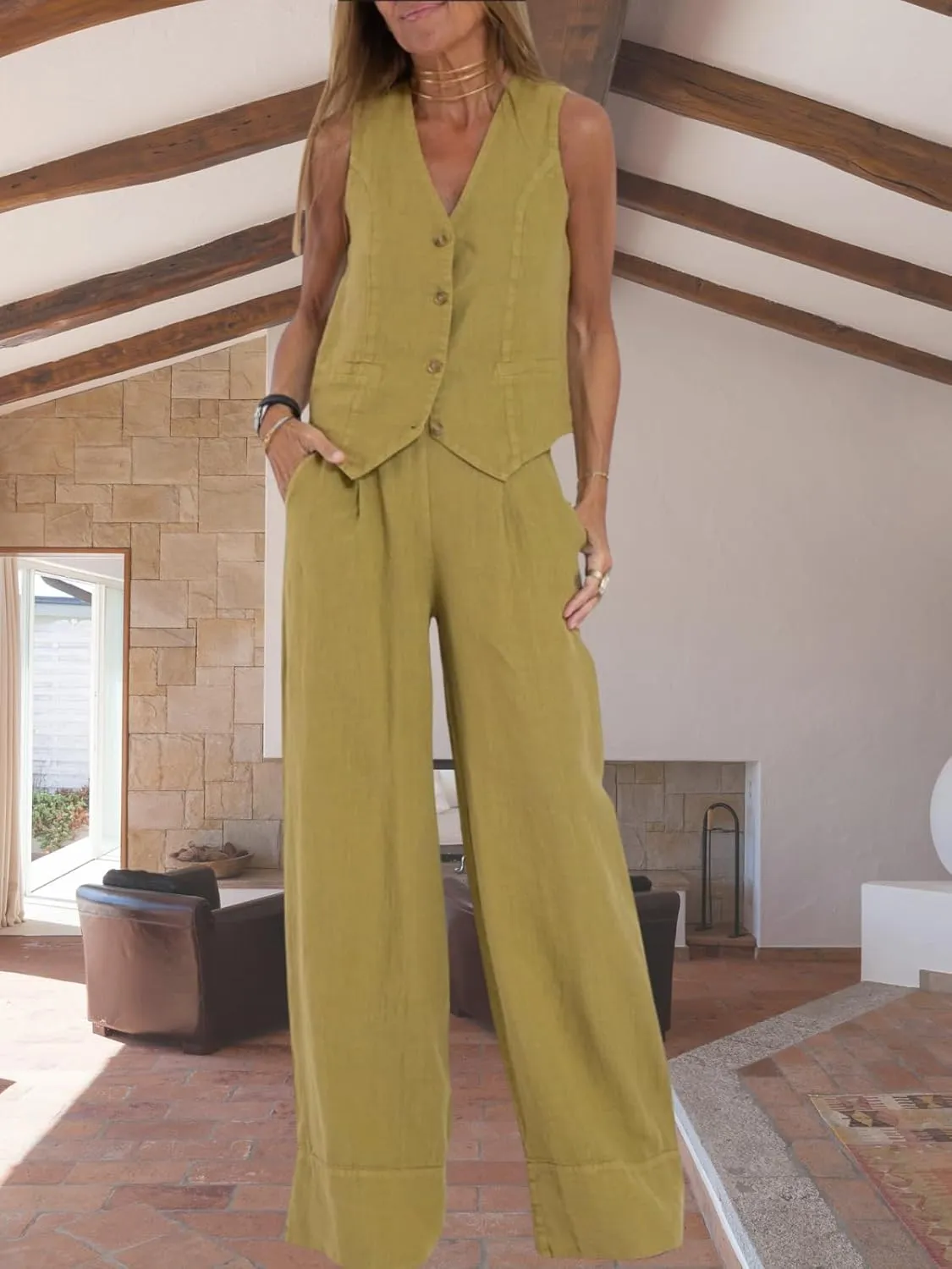 Cotton Linen Summer 2 Piece Outfits Women Linen Button V Neck Vest and Wide Leg Pants Suit Matching Sets