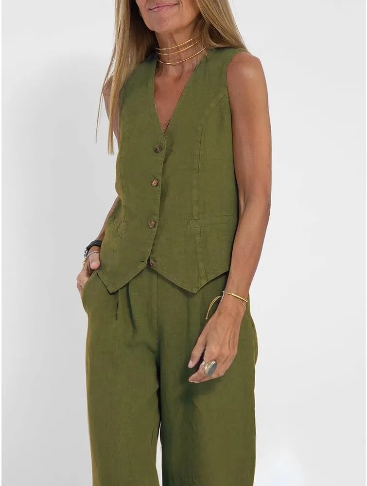 Cotton Linen Summer 2 Piece Outfits Women Linen Button V Neck Vest and Wide Leg Pants Suit Matching Sets
