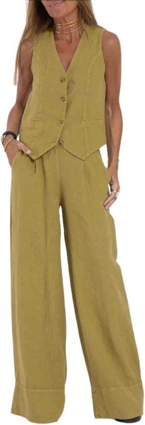 Cotton Linen Summer 2 Piece Outfits Women Linen Button V Neck Vest and Wide Leg Pants Suit Matching Sets