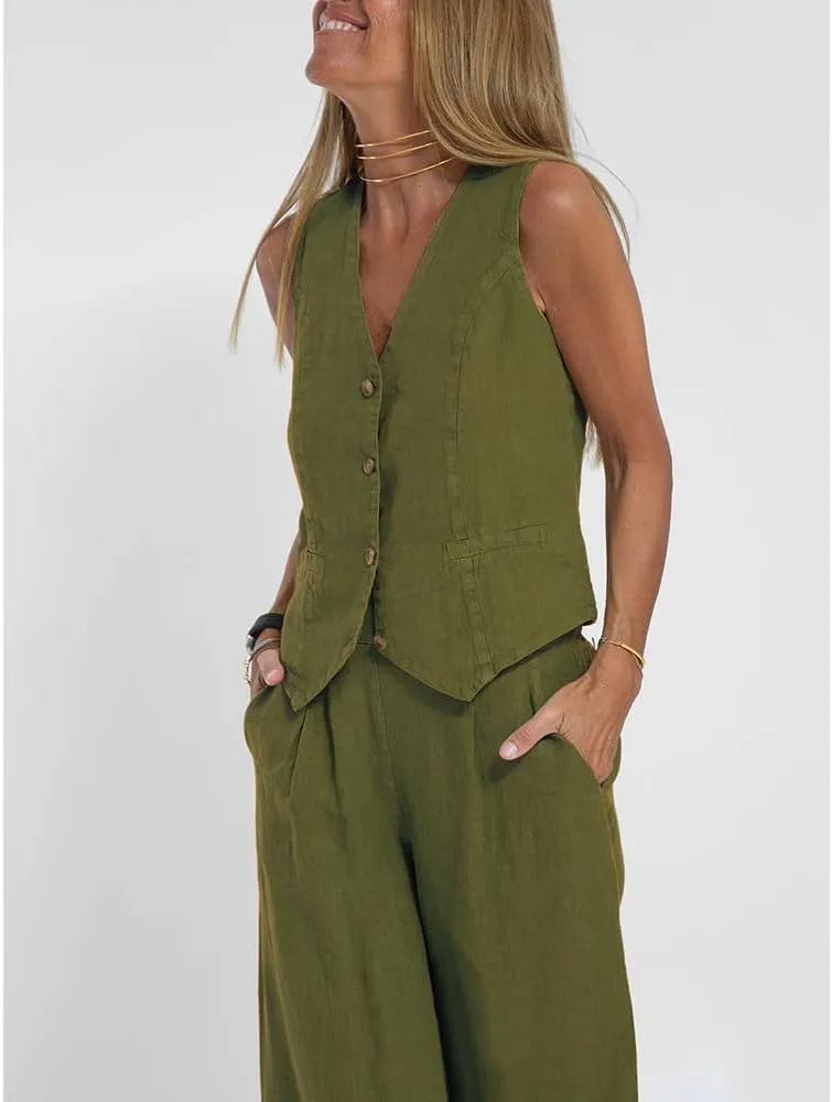 Cotton Linen Summer 2 Piece Outfits Women Linen Button V Neck Vest and Wide Leg Pants Suit Matching Sets