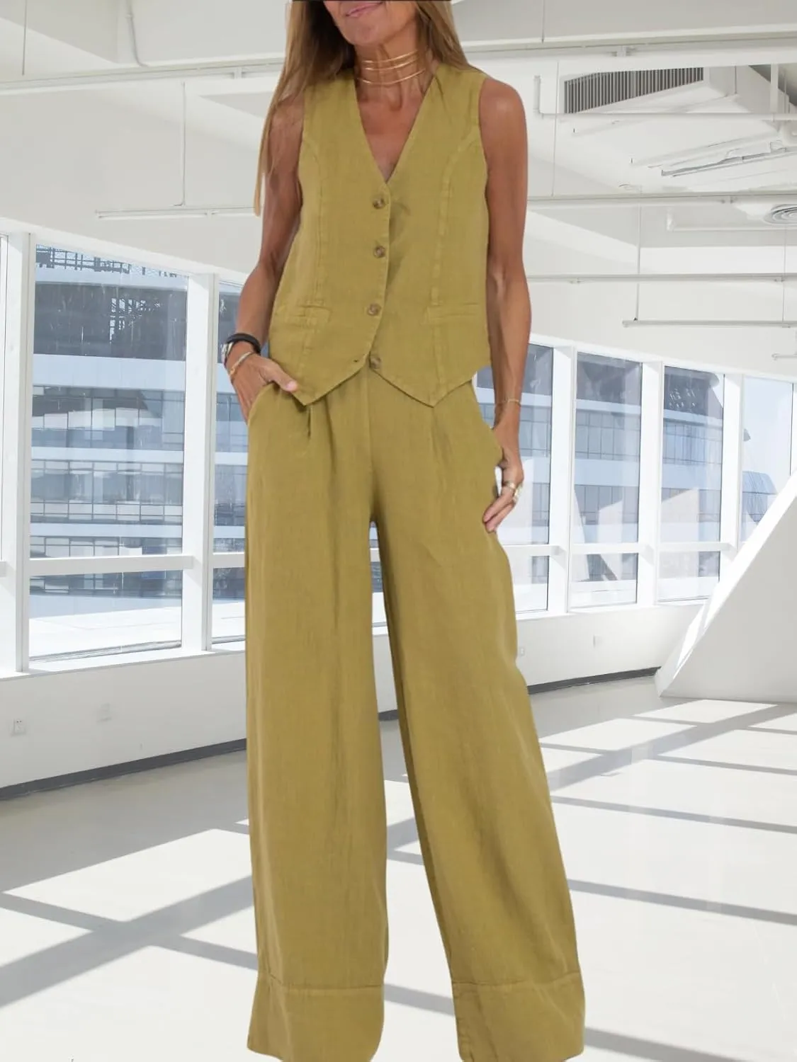 Cotton Linen Summer 2 Piece Outfits Women Linen Button V Neck Vest and Wide Leg Pants Suit Matching Sets
