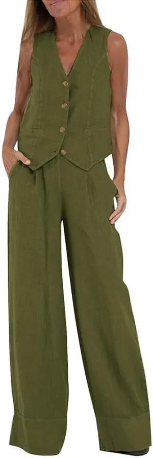 Cotton Linen Summer 2 Piece Outfits Women Linen Button V Neck Vest and Wide Leg Pants Suit Matching Sets