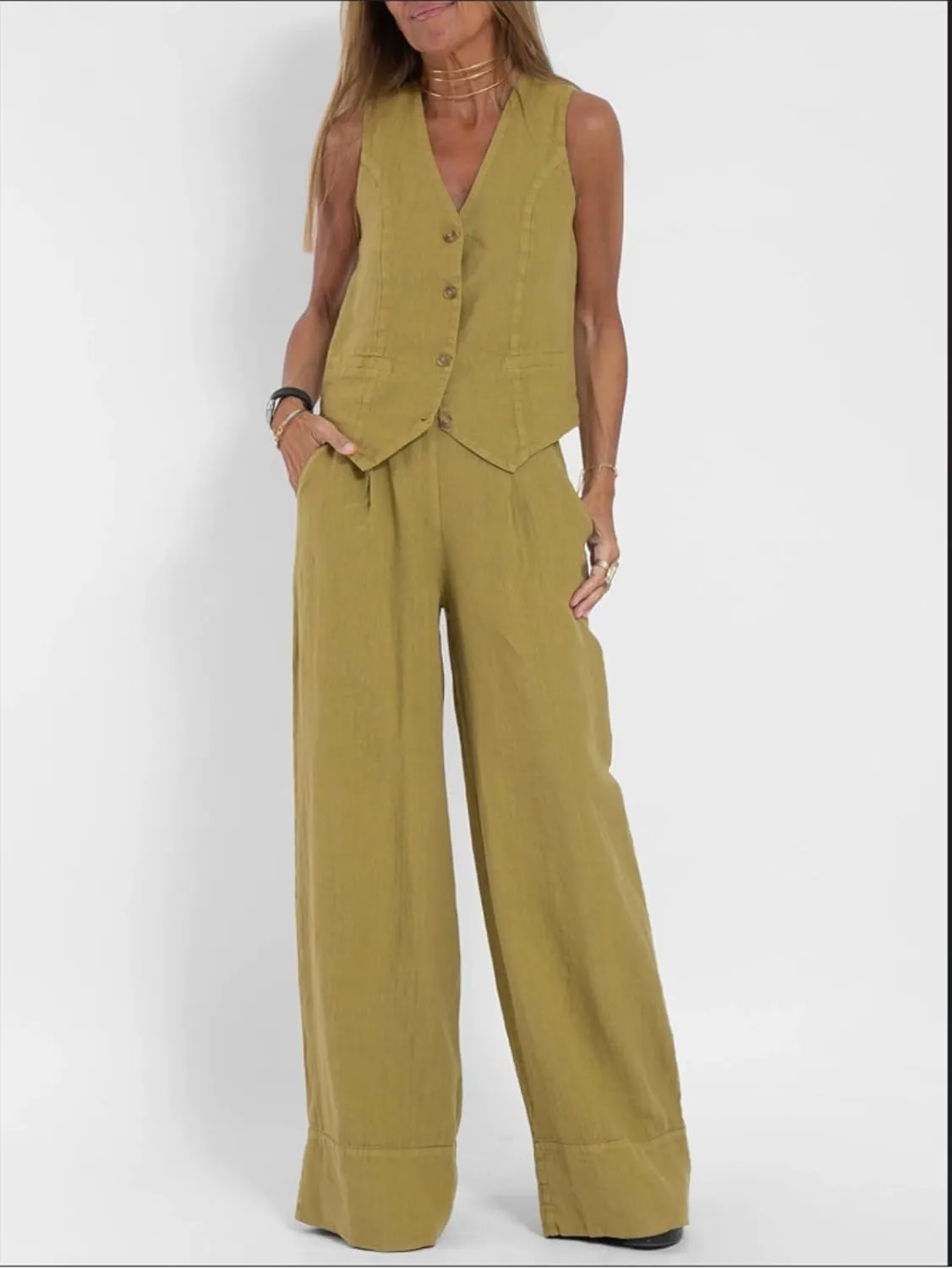 Cotton Linen Summer 2 Piece Outfits Women Linen Button V Neck Vest and Wide Leg Pants Suit Matching Sets