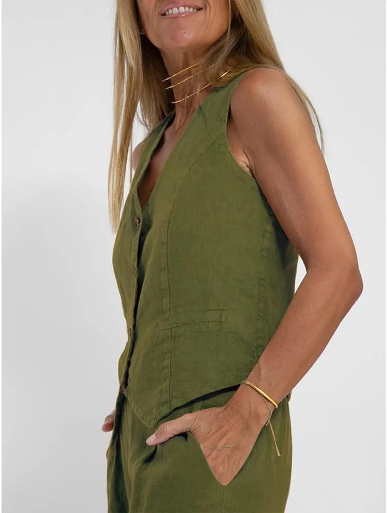 Cotton Linen Summer 2 Piece Outfits Women Linen Button V Neck Vest and Wide Leg Pants Suit Matching Sets