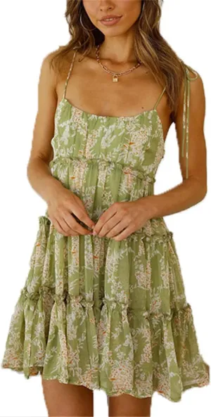 crazynekos Women's Spaghetti Strap Dresses Scoop Neck Bow Backless Sleeveless Elastic Waist Ruffle Hem A-Line Casual Mini Dress (Green Floral,M,Medium,Regular,Regular)