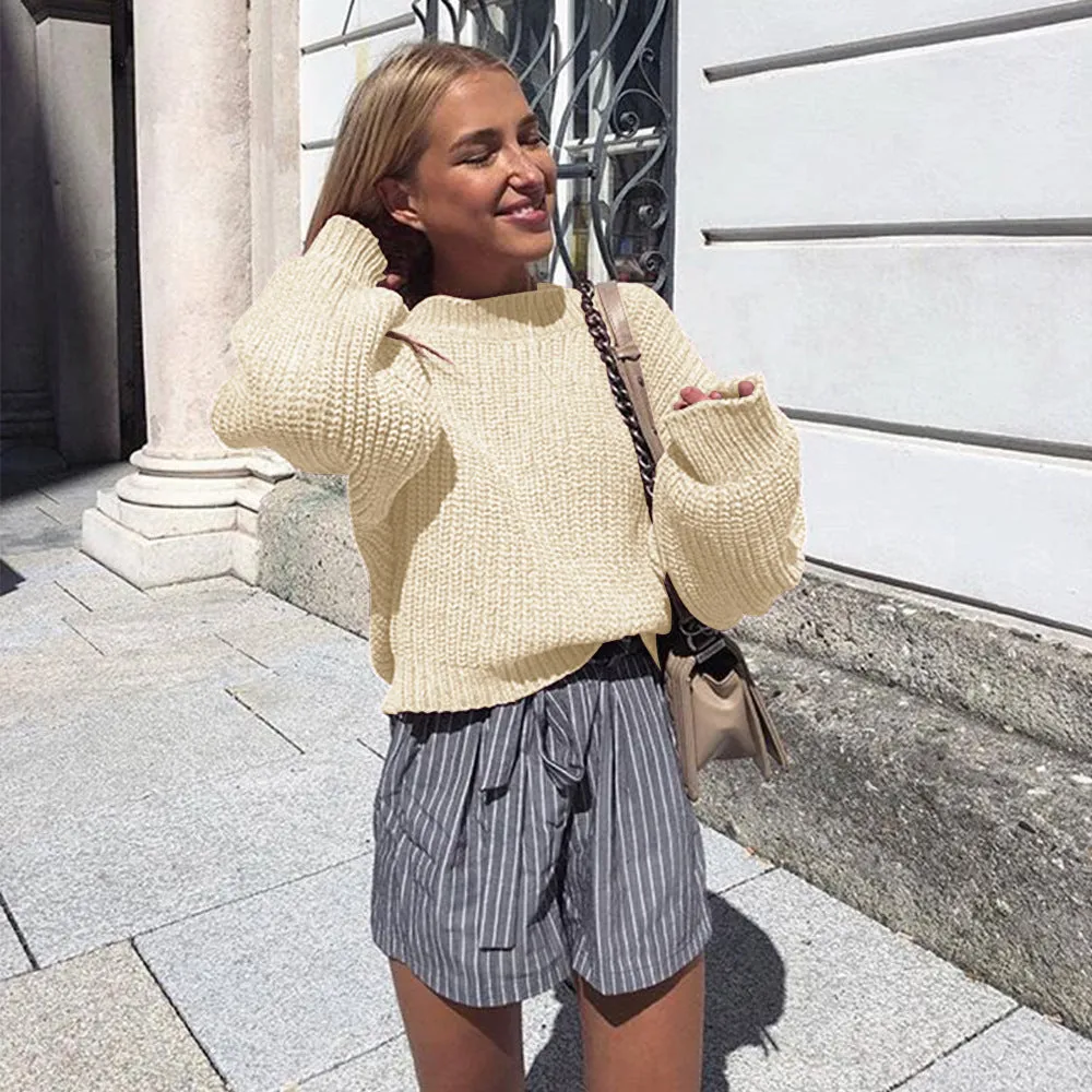 Crew Neck Long Bishop Sleeves Loose Women Knit Chunky Sweater