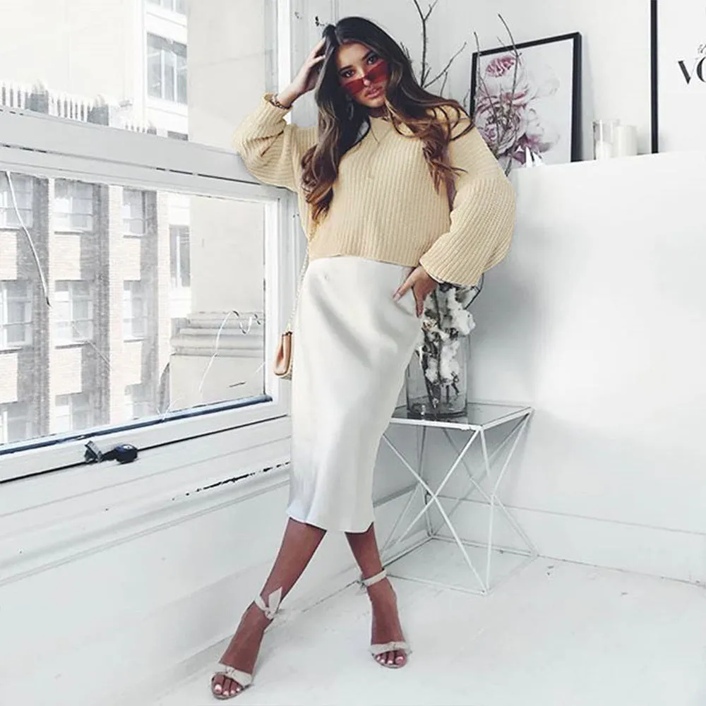 Crew Neck Long Bishop Sleeves Loose Women Knit Chunky Sweater