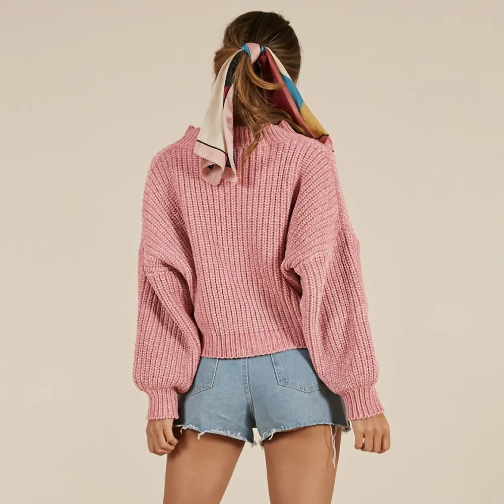 Crew Neck Long Bishop Sleeves Loose Women Knit Chunky Sweater