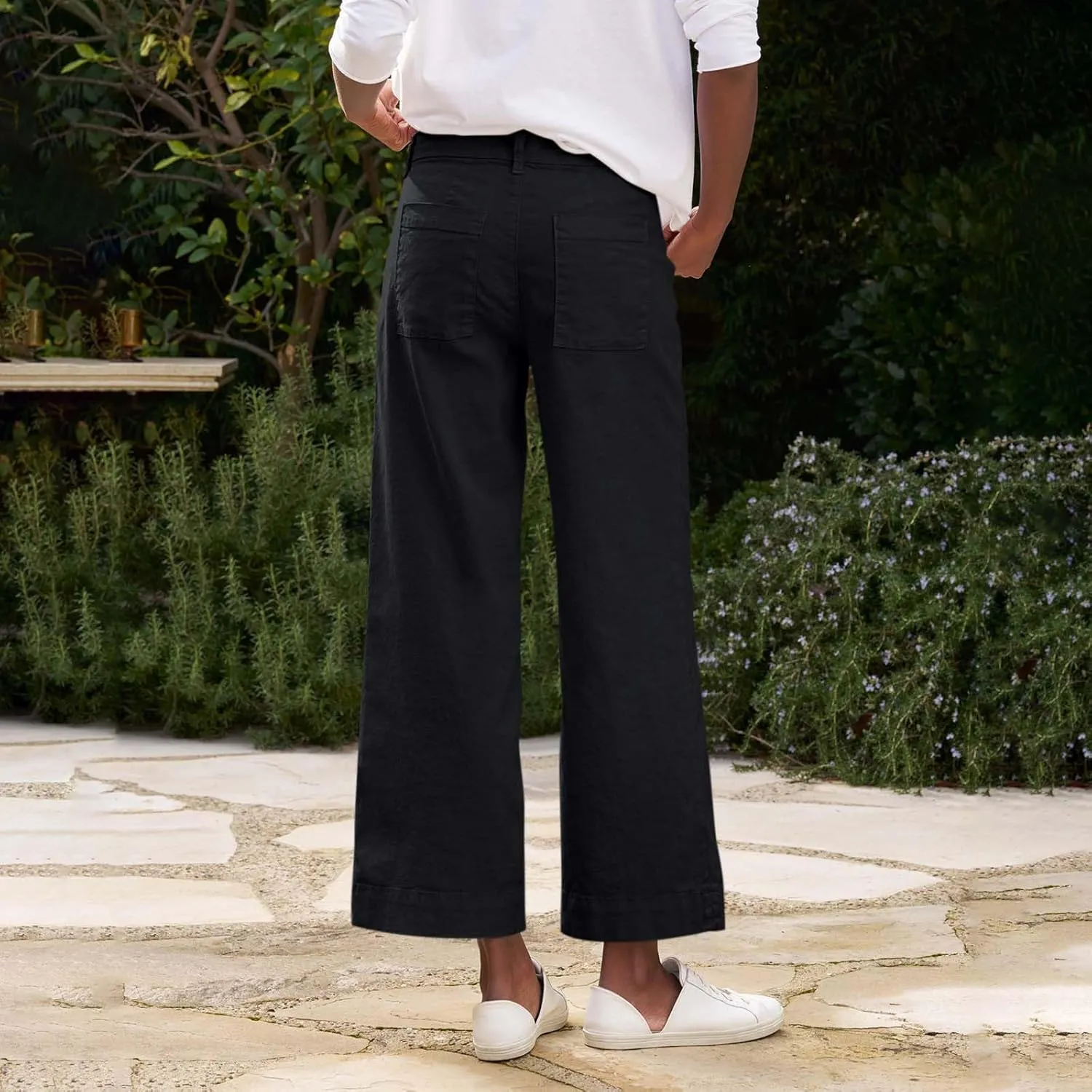 Cropped Linen Pants Women Summer Elastic High Waisted Dress Pants Business Casual Button Down Work Pants with Pockets