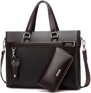 CSCDD 3pcs Set Men Briefcase Leather Male Business Office Bags Men's Briefcase Brown Laptop Briefcase