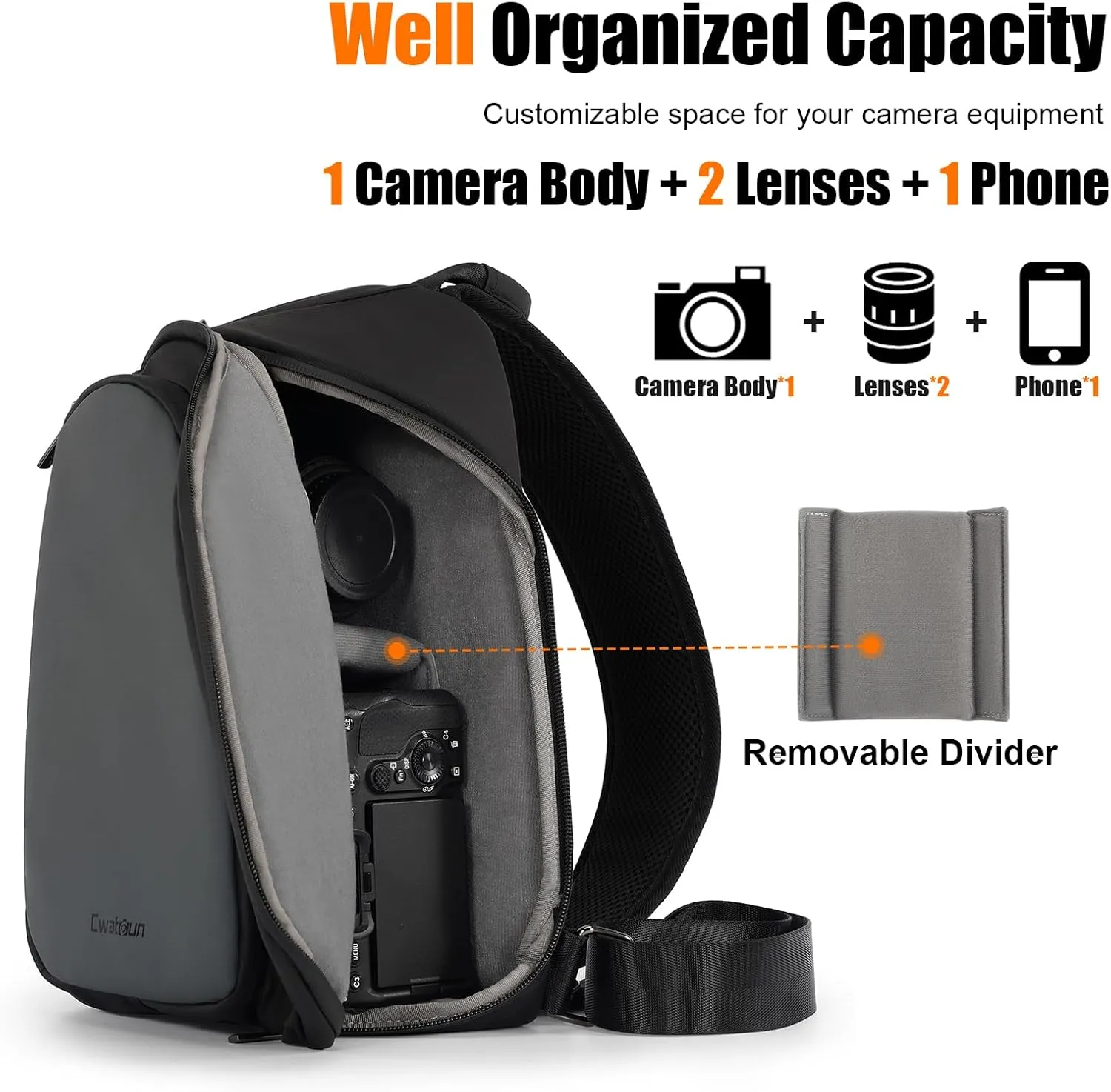 Cwatcun Camera Sling Bag Small, DSLR/SLR/Mirrorless Compact Camera Bag, Water-resistant Camera Shoulder Case Crossbody Photography Purse Compatible with Canon Nikon Sony Fuji Camera,Lens,Black